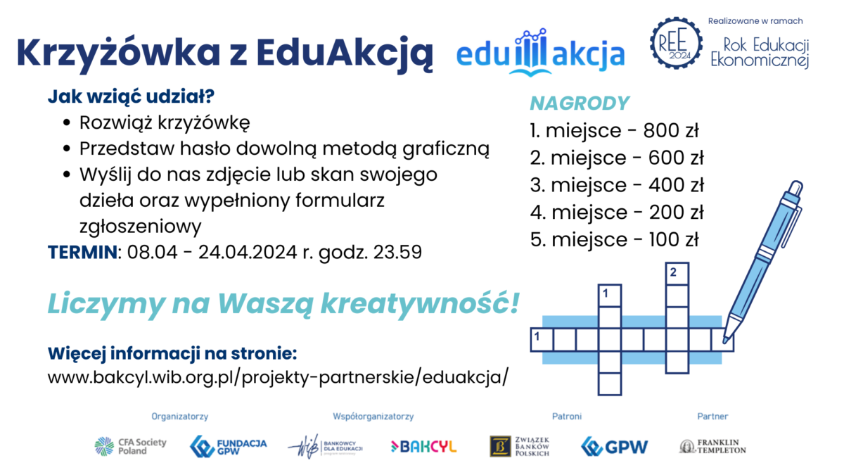 Zapraszamy uczniów szkół podstawowych (klas IV-VIII) do udziału w konkursie „Krzyżówka z EduAkcją” - Konkurs trwa od 8 do 24 kwietnia 2024 roku.